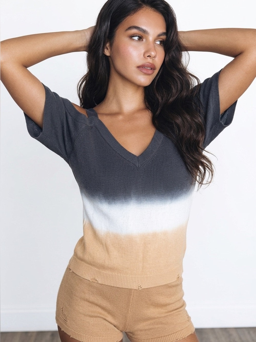Michael Stars Cold Shoulder Ribbed Gradient Colors Knit Sweater Top